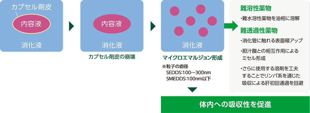 カプセル溶剤の崩壊→マイクロエマルジョン形成→難溶性薬物:難水溶性薬物を油相に溶解。難透過性薬物:消化管に触れる表面積アップ、胆汁酸との相互作用によるミセル形成、さらに使用する溶剤を工夫することでリンパ系を通じた九州による肝初回通過を回避。 体内の吸収性を促進。