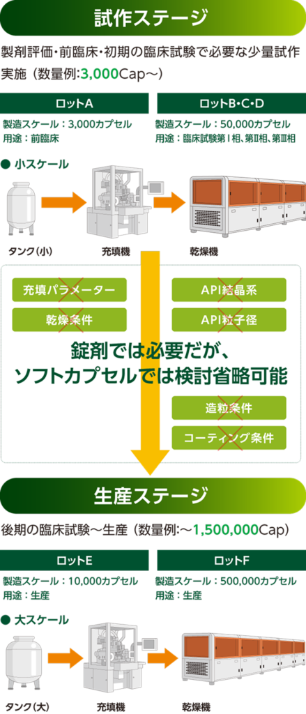 試作ステージ：製剤評価・前臨床・初期の臨床試験で必要な少量試作実施（数量例：～3,000Cap）→錠剤では必要だが、ソフトカプセルでは検討省略可能→生産ステージ：後期の臨床試験～生産（数量例：～1,500,000Cap）